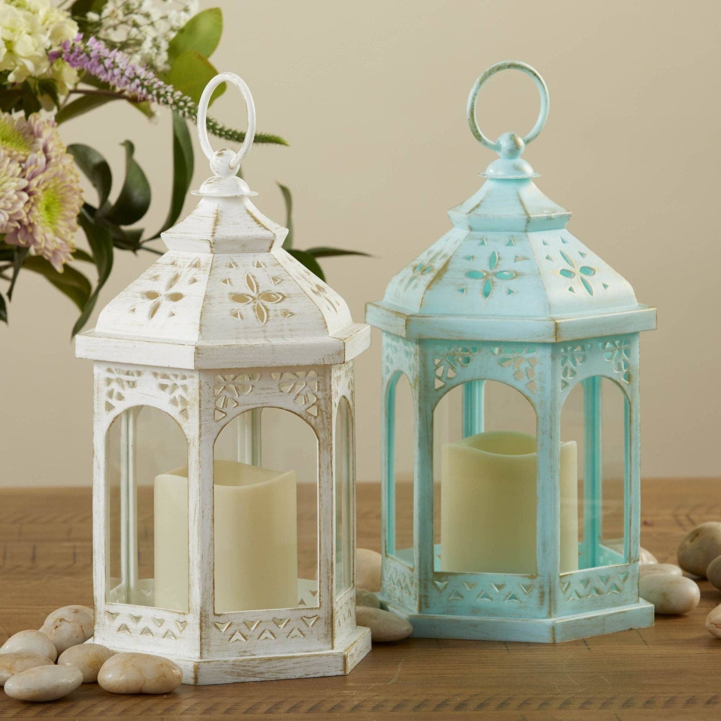 LED White Hexagon Distressed Lantern