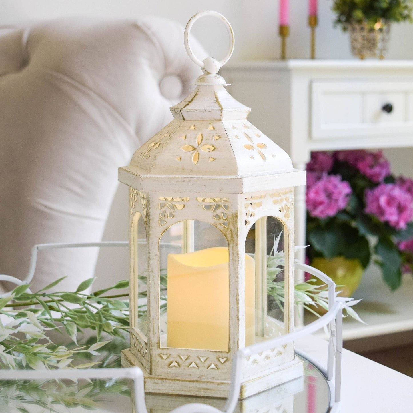 LED White Hexagon Distressed Lantern