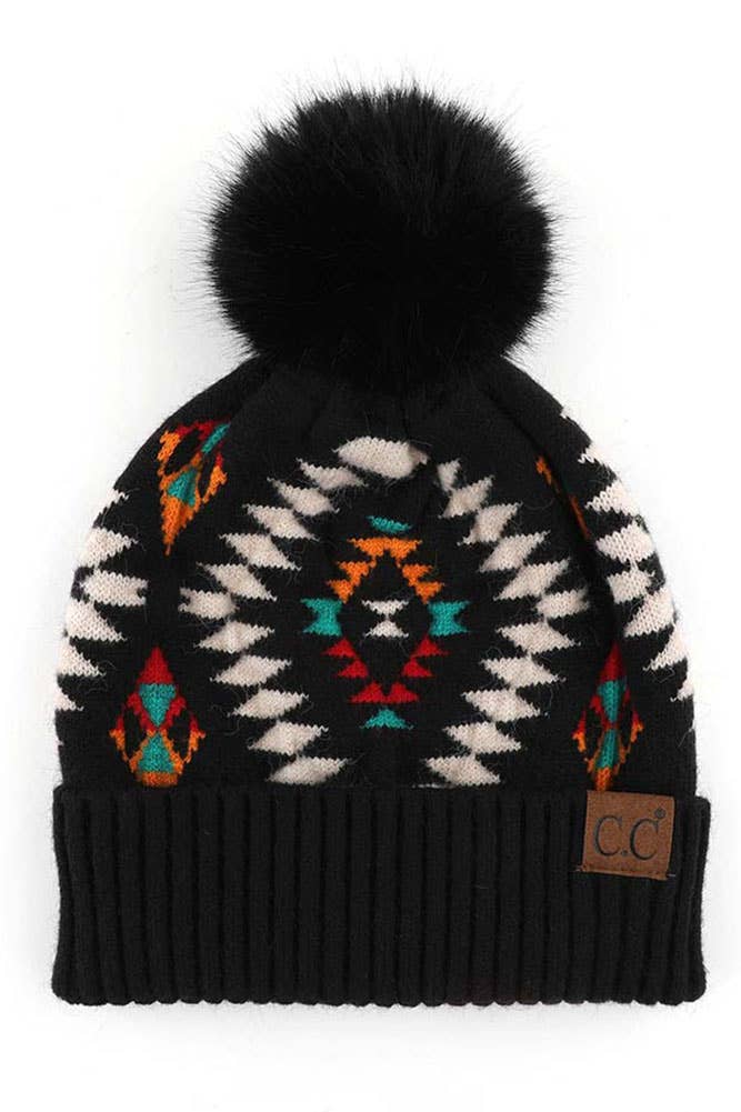 C.C Soft Aztec Pattern Beanie with Faux Fur Pom - black hat