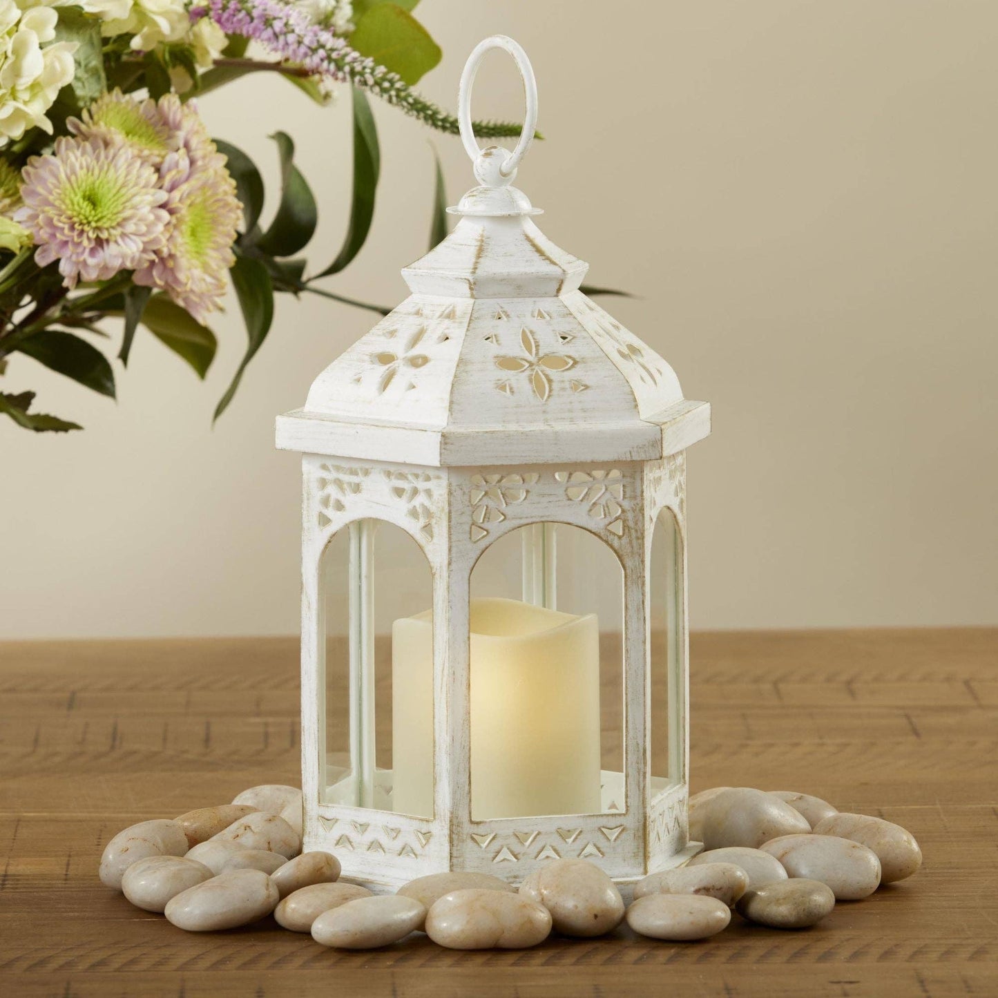 LED White Hexagon Distressed Lantern