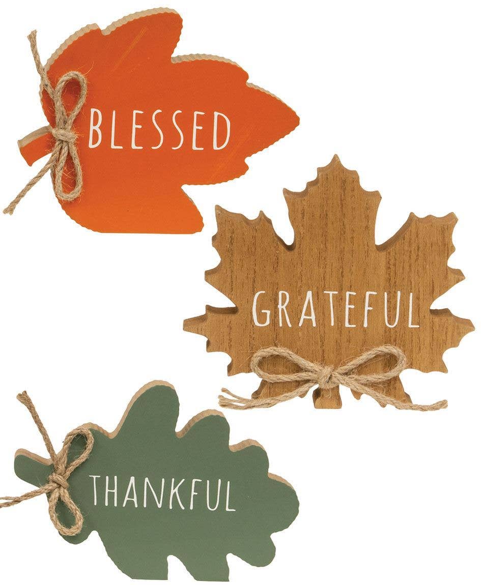 Thankful Grateful Blessed Wood Leaf Sitter, 3 Assorted