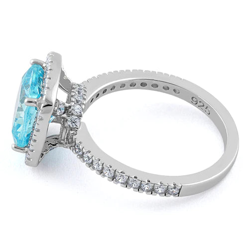 Sterling Silver Cushion Cut Aqua Blue CZ Ring