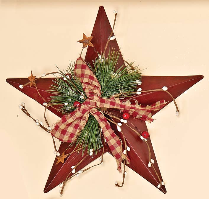 12" Metal Star W/Gingham Bow Berries & Pine