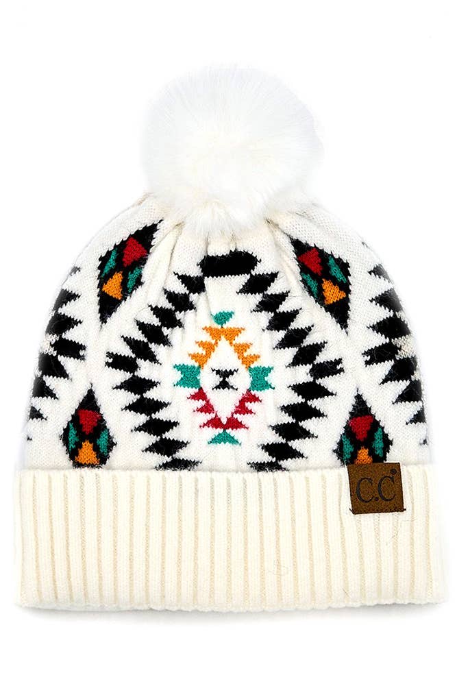 ?C.C Soft Aztec Pattern Beanie with Faux Fur Pom - ivory white hat