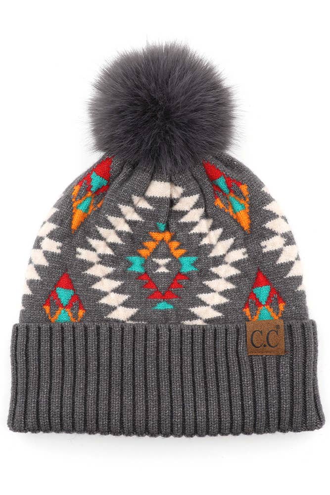 C.C Soft Aztec Pattern Beanie with Faux Fur Pom - grey hat