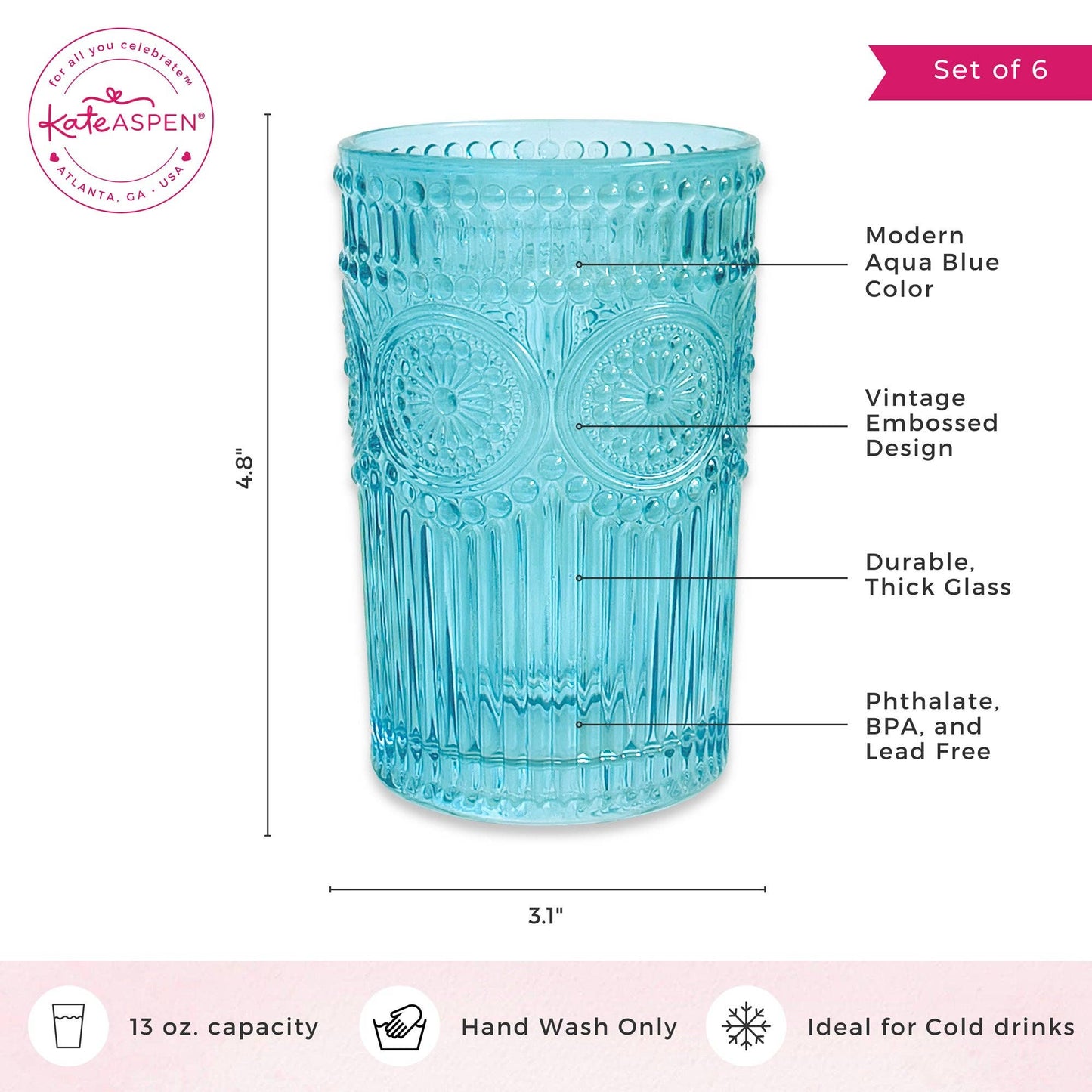13 oz. Vintage Textured Aqua Blue Drinking Glasses (Set of 6