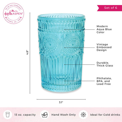 13 oz. Vintage Textured Aqua Blue Drinking Glasses (Set of 6