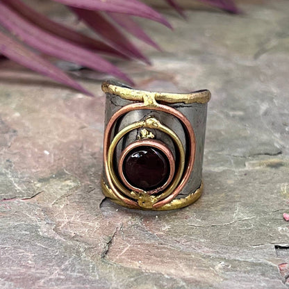 Mixed Metal Cuff Ring with Single Stone - Multiple Styles: Moonstone