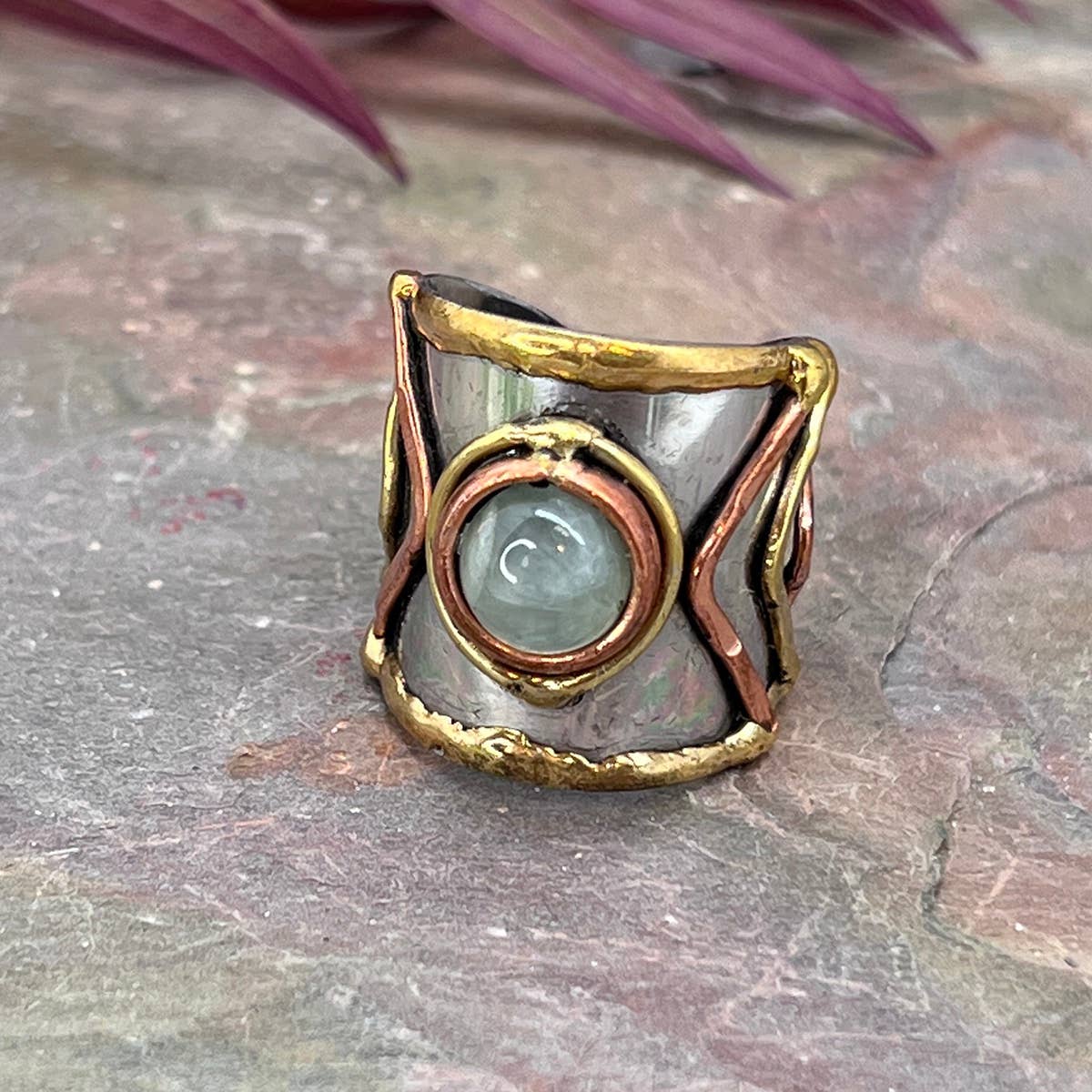 Mixed Metal Cuff Ring with Single Stone - Multiple Styles: Moonstone