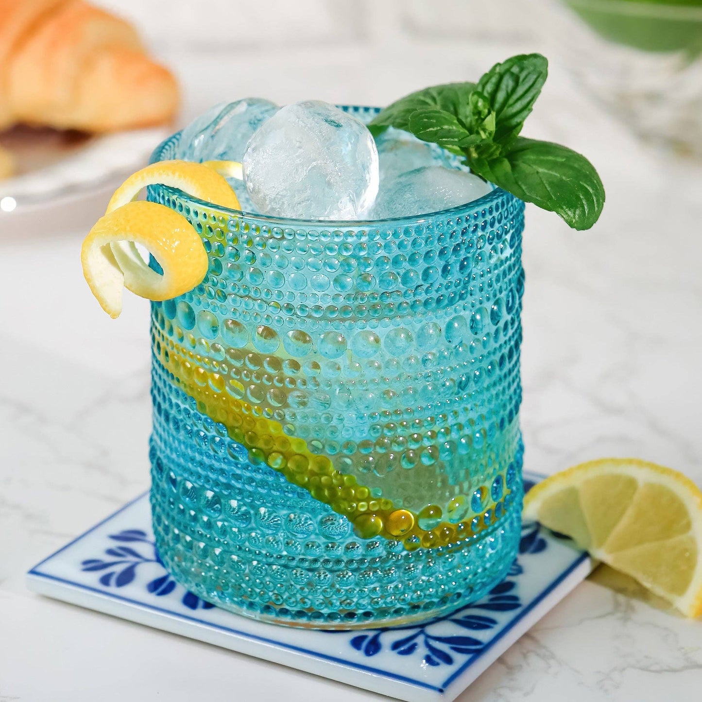 10 oz. Textured Beaded Aqua Glass (Set of 6)