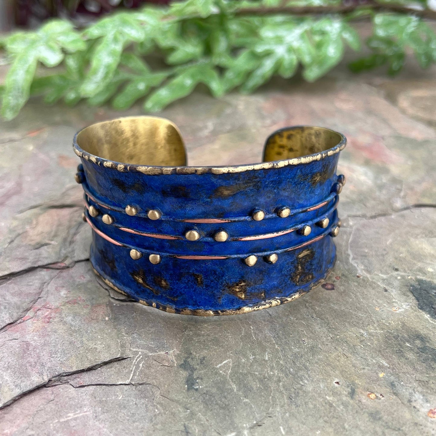 Brass Patina Cuff Bracelet - Dark Blue River
