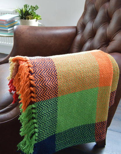 Check Herringbone Multicoloured Throw - 100% Cotton: 150 x 200cm
