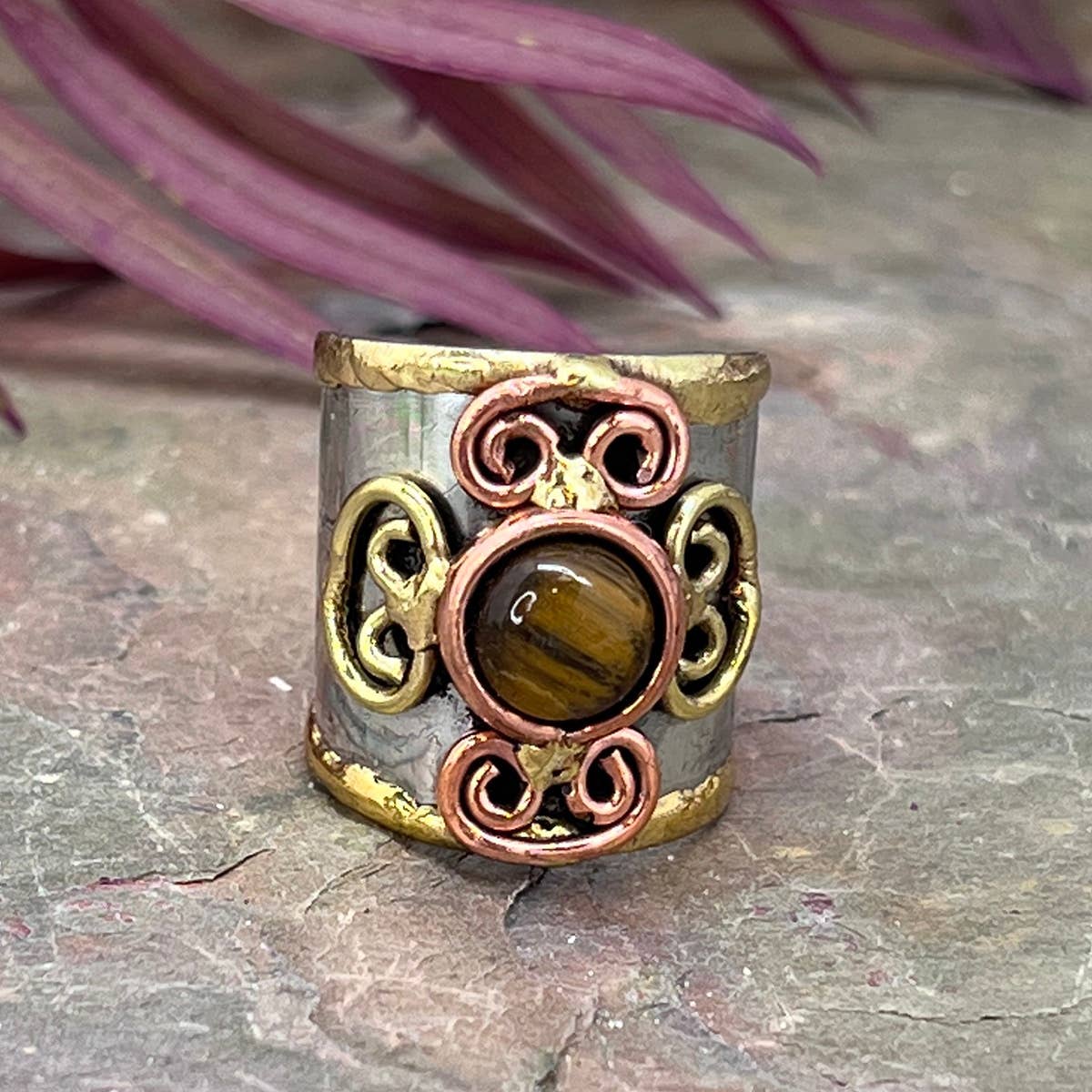 Mixed Metal Cuff Ring with Single Stone - Multiple Styles: Moonstone