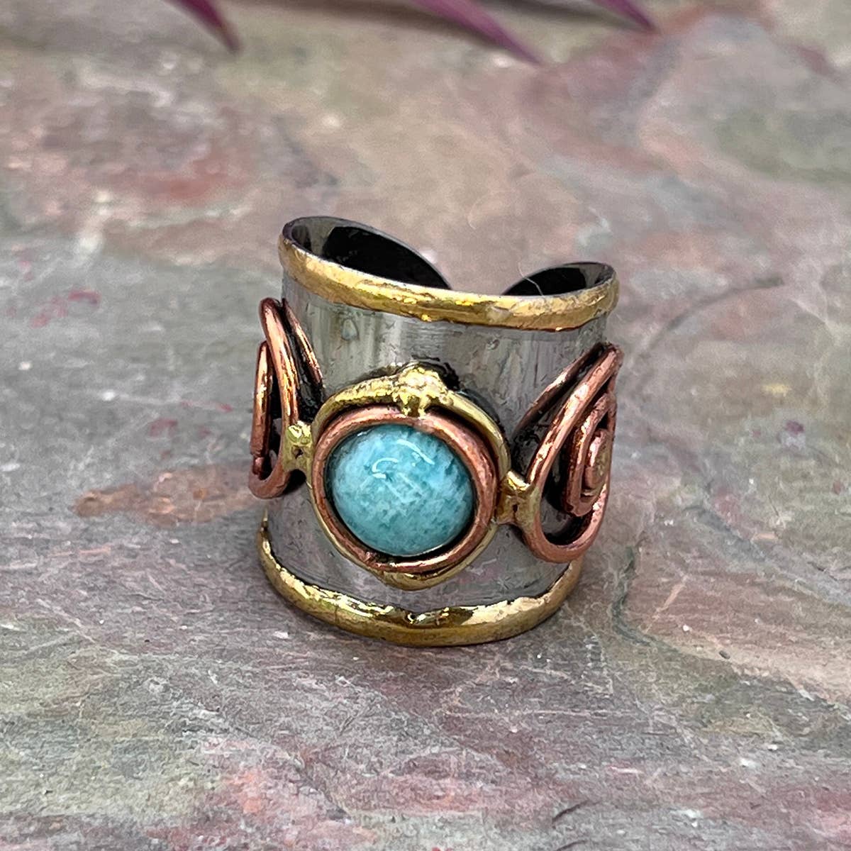 Mixed Metal Cuff Ring with Single Stone - Multiple Styles: Moonstone