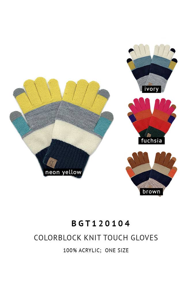 yellow tip glove Color Block Knit Touch Gloves: Neon Yellow striped glove