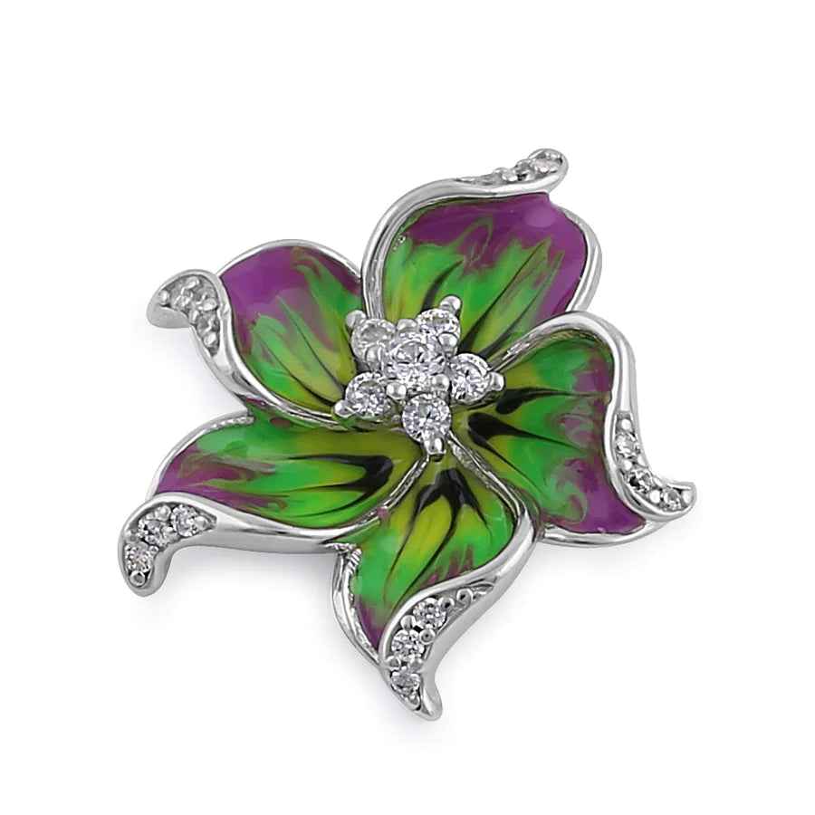 Sterling Silver Hand-Painted Hawaian Flower Magenta Lime with Clear CZ necklace