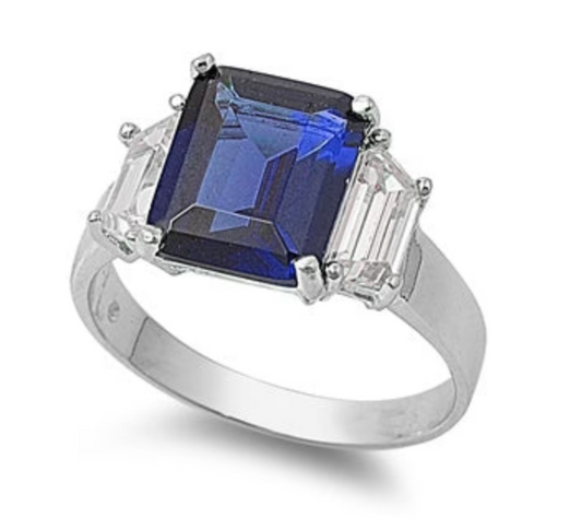 Sterling Silver Square Blue Sapphire CZ Ring