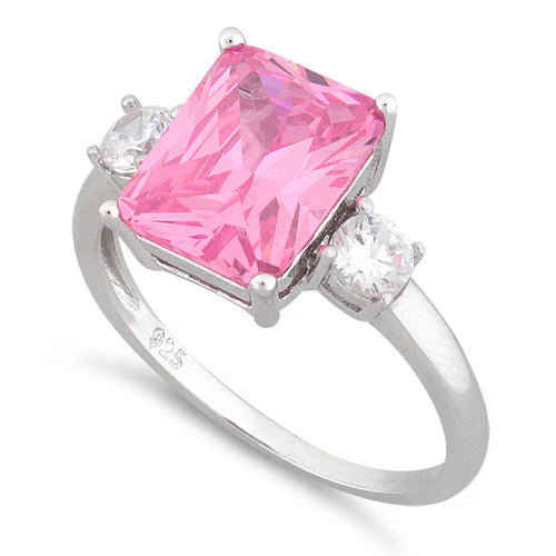 Sterling Silver Rectangular Pink CZ Ring