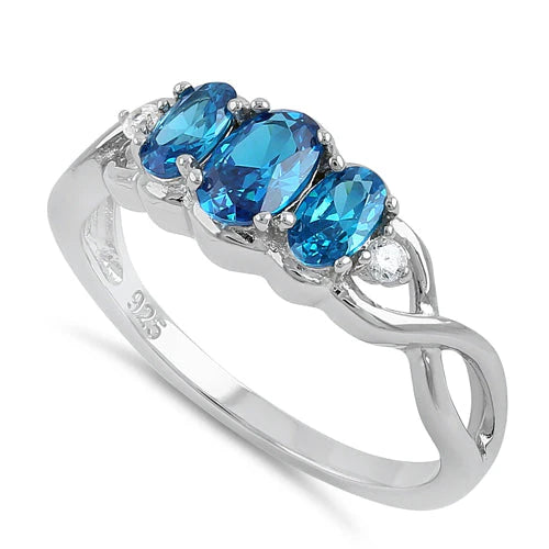 Sterling Silver Triple Oval Blue Topaz CZ Ring 