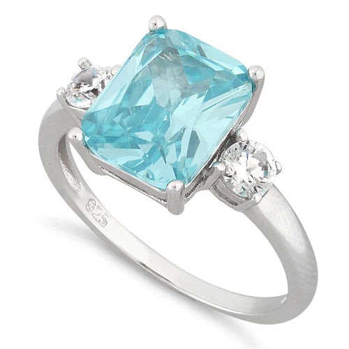 Sterling Silver Triple Rectangular Aquamarine CZ Ring 