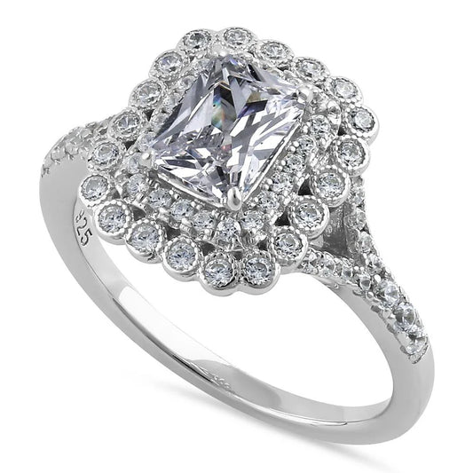 Sterling Silver Vintage Emerald Halo Clear CZ Engagement Ring