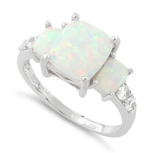 Sterling Silver White Lab Opal Square CZ Ring 