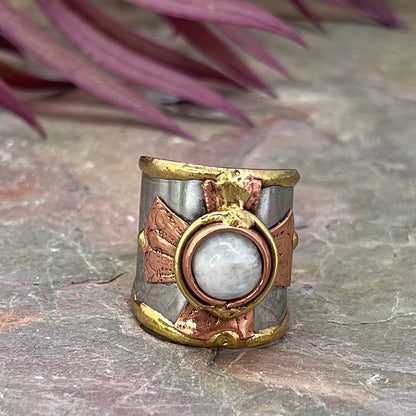 Mixed Metal Cuff Ring with Single Stone - Multiple Styles: Moonstone