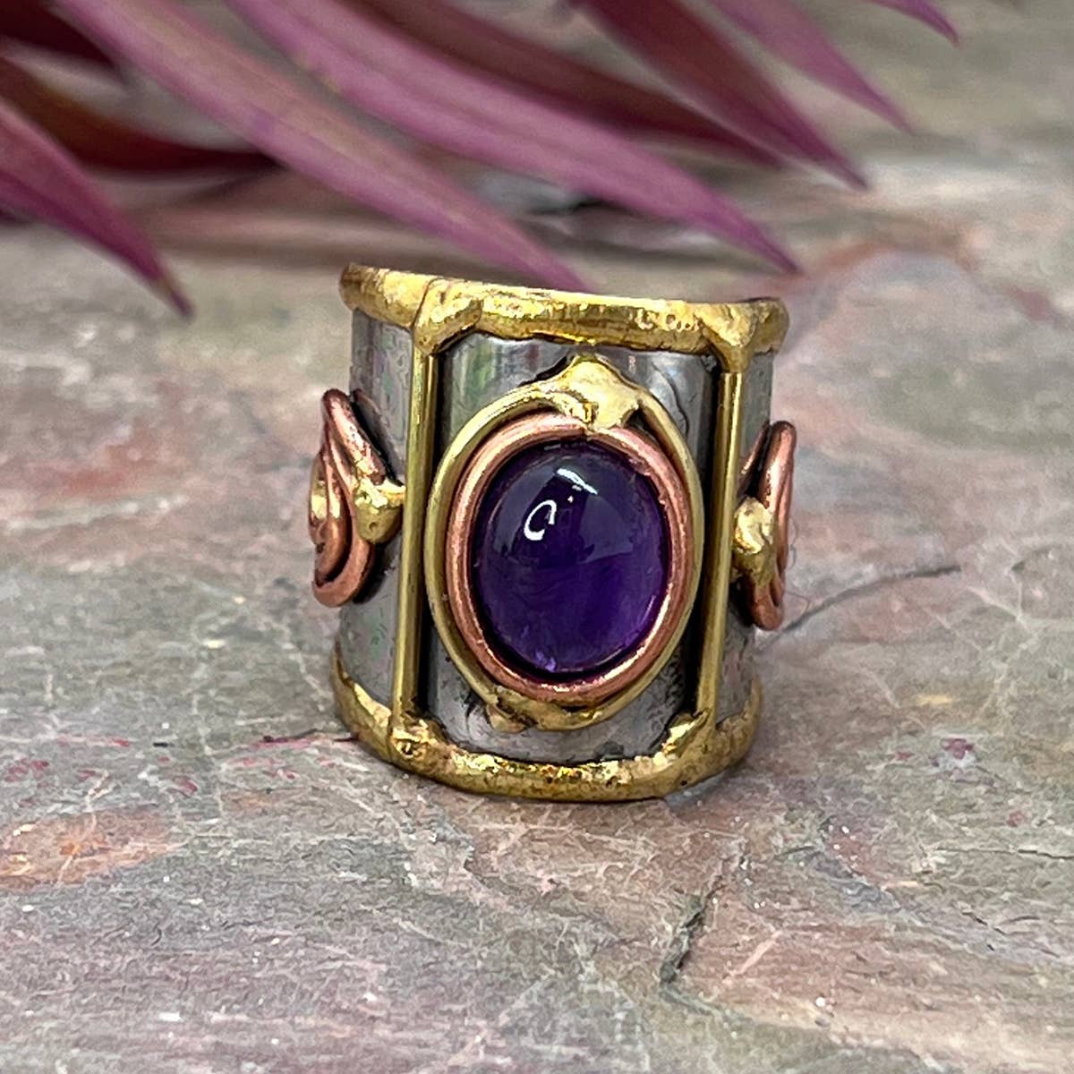 Mixed Metal Cuff Ring with Single Stone - Multiple Styles: Moonstone