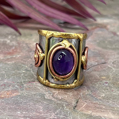 Mixed Metal Cuff Ring with Single Stone - Multiple Styles: Moonstone