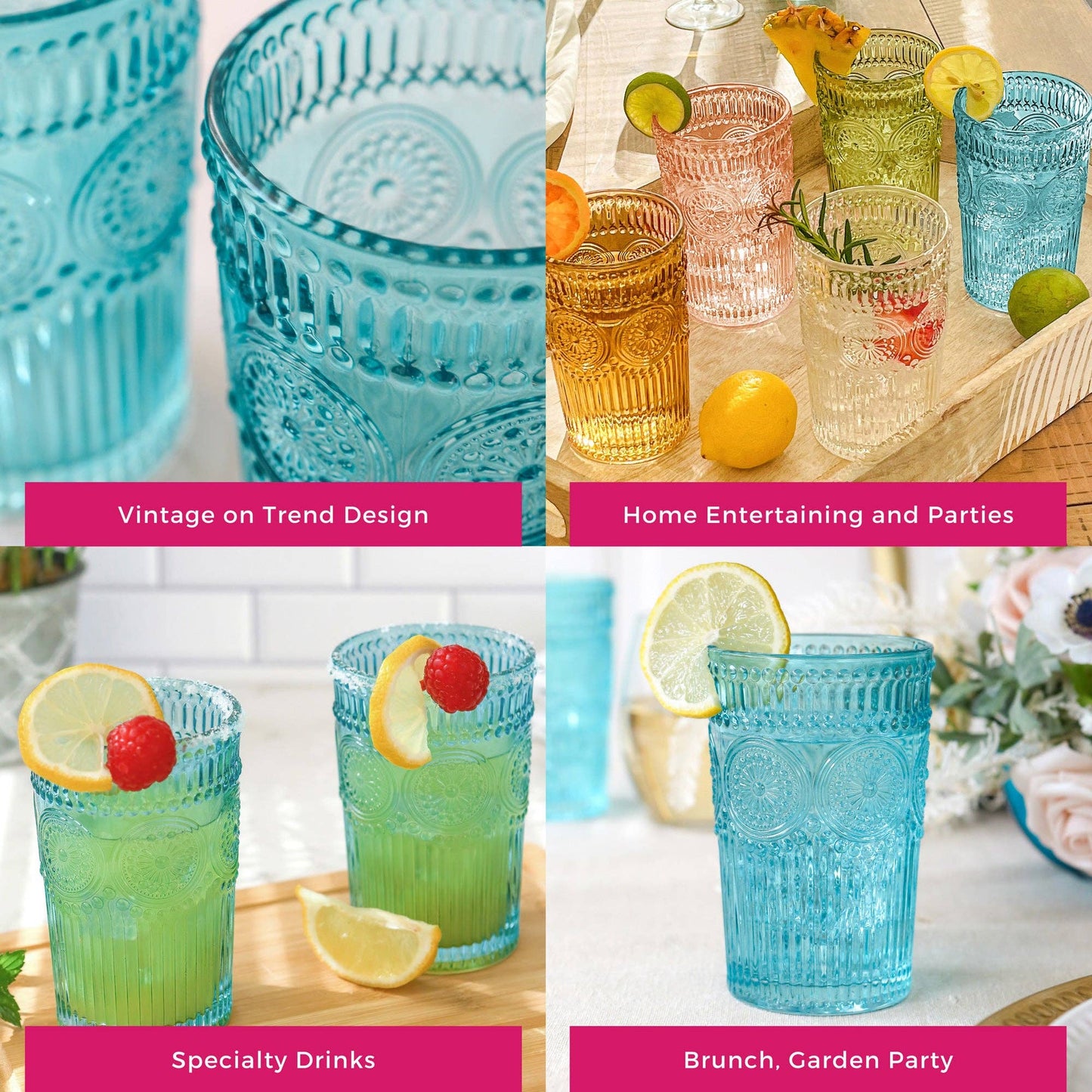 13 oz. Vintage Textured Aqua Blue Drinking Glasses (Set of 6