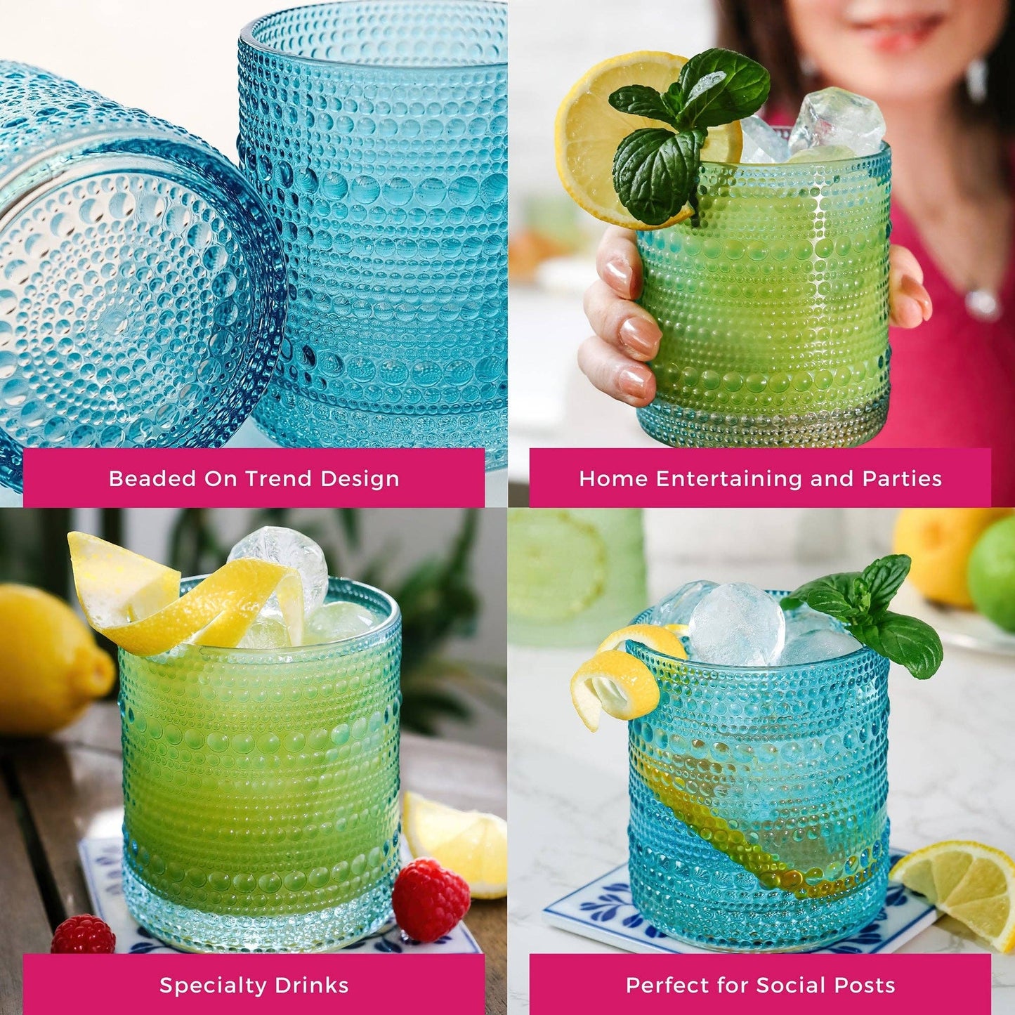 10 oz. Textured Beaded Aqua Glass (Set of 6)