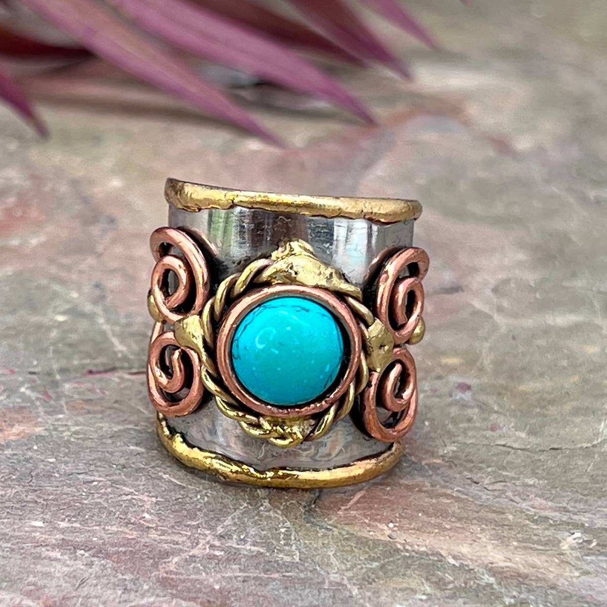 Mixed Metal Cuff Ring with Single Stone - Multiple Styles: Moonstone