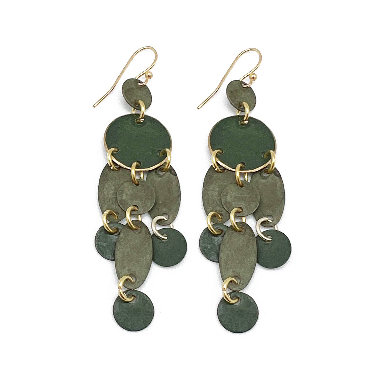 Brass Patina Earrings - Forest Green Layered Tassles