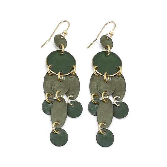 Brass Patina Earrings - Forest Green Layered Tassles