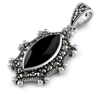 Sterling Silver Black Onyx Oval Marcasite Necklace