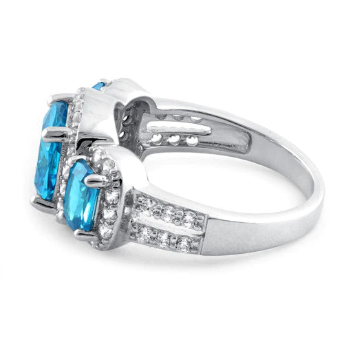 Sterling Silver Blue Topaz Three Stone Halo CZ Ring