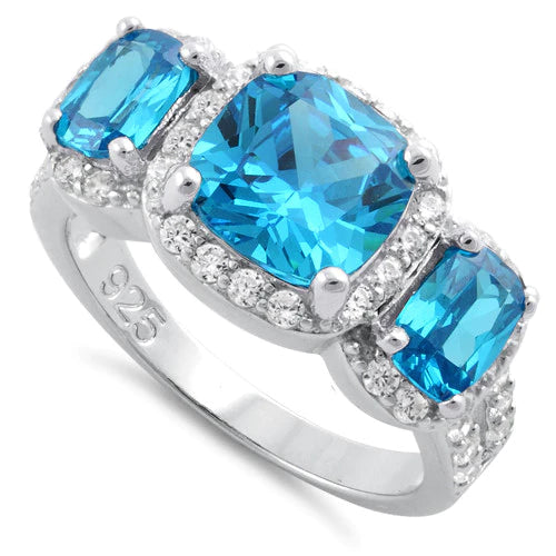 Sterling Silver Blue Topaz Three Stone Halo CZ Ring
