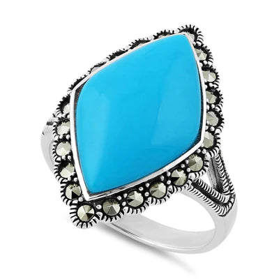 Sterling Silver Simulated Turquoise Diamond Shape Marcasite Ring