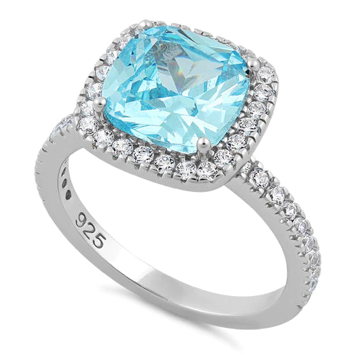 Sterling Silver Cushion Cut Aqua Blue CZ Ring