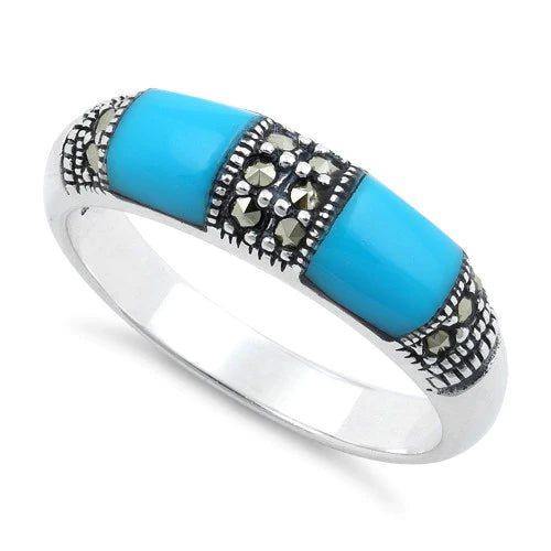 Sterling Silver Double Simulated Turquoise Onyx Marcasite Ring
