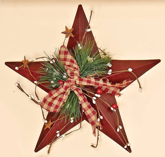 12" Metal Star W/Gingham Bow Berries & Pine