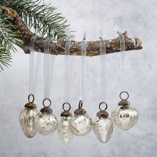 Set of 6 Small Mixed design 1" Silver Crackle Glass Baubles