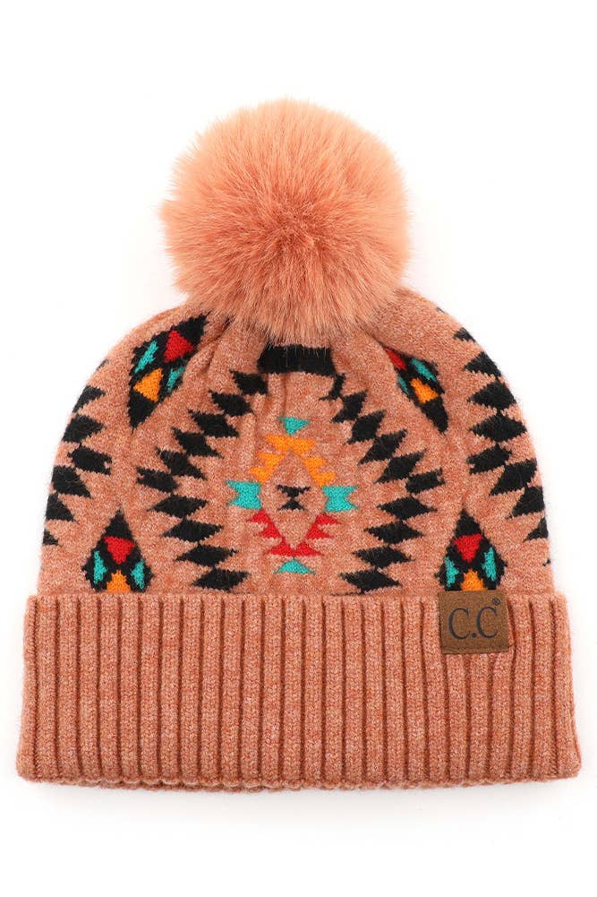 C.C Soft Aztec Pattern Beanie with Faux Fur Pom - Sand hat