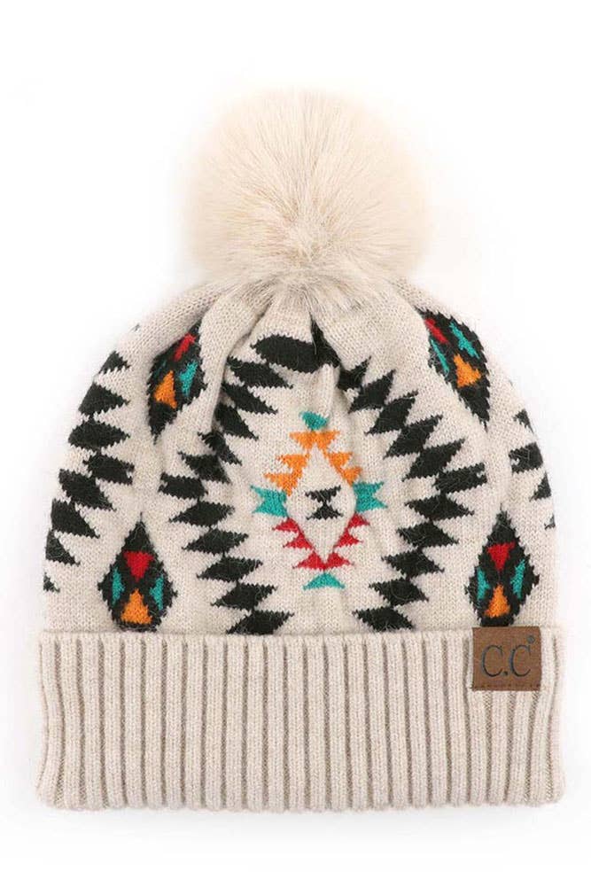 C.C Soft Aztec Pattern Beanie with Faux Fur Pom - Beige hat