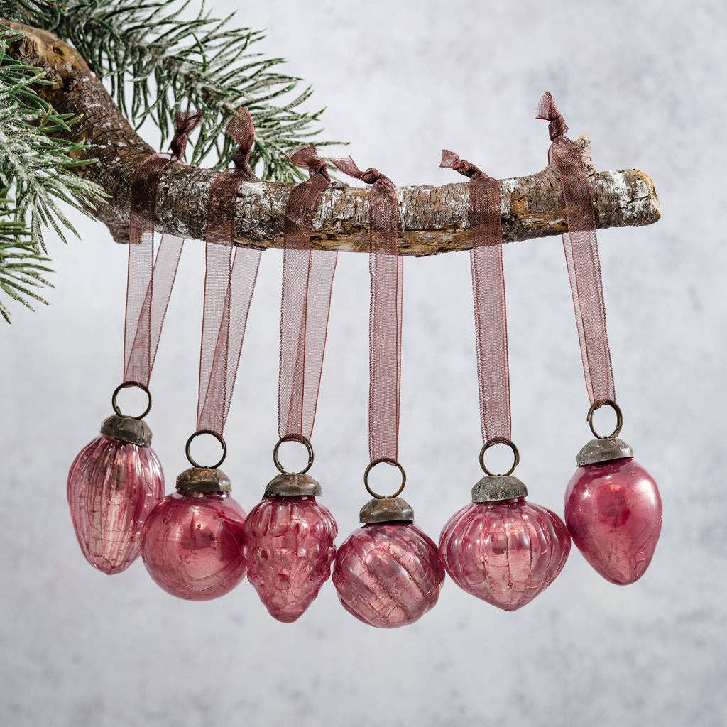Set of 6 Small Mixed design 1" Mauve Crackle Glass Baubles