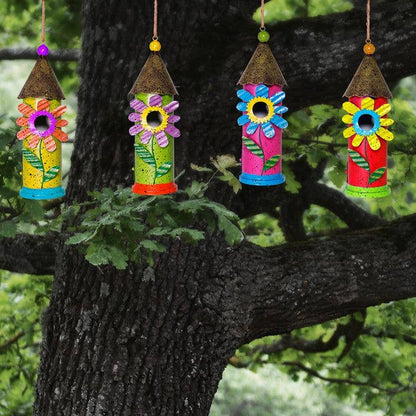 Alpine Metal Hanging Flower Birdhouse Decor - Astd Pack of 4
