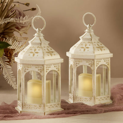 LED White Hexagon Distressed Lantern