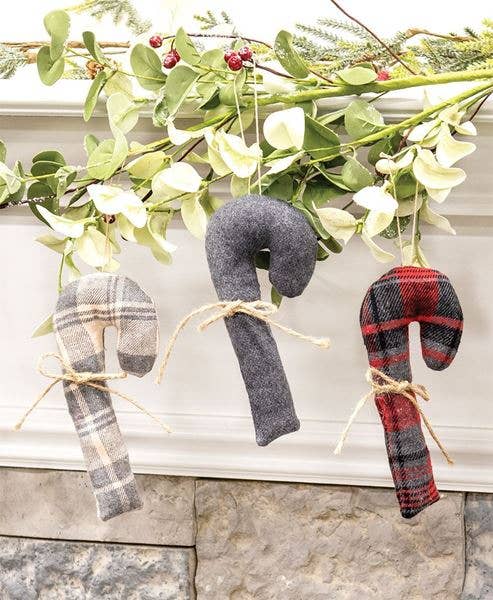 Christmas Plaid Fabric Candy Cane Ornament, 3 Assorted