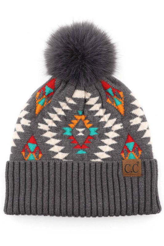 C.C Soft Aztec Pattern Beanie with Faux Fur Pom - grey hat