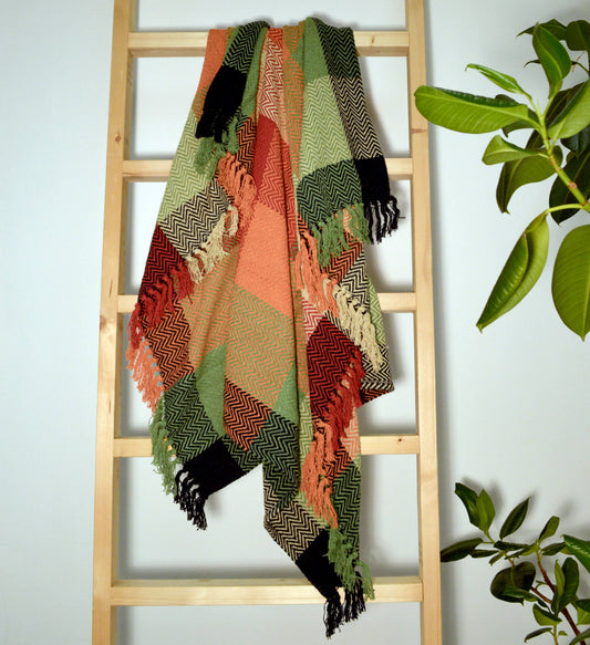 Check Herringbone Multicoloured Throw - 100% Cotton: 150 x 200cm